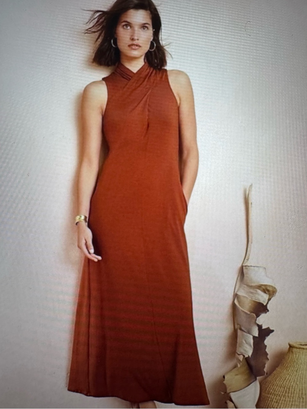 Garnet Hill Rust-Colored Sleeveless Maxi Dress with Crossover Neck